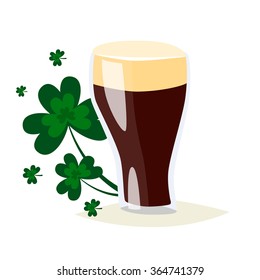 Saint Patricks day vector beer glass. 2016  St. Patricks day. 17 march. Stout dark beer. Clover and shamrock celtic leaves. Irish holiday. Good luck. White background isolated.