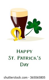 Saint Patricks day vector beer glass. 2016  St. Patricks day. 17 march. Stout dark beer. Clover and shamrock celtic leaves. Irish holiday. Gold horseshoe. Good luck. White background isolated.