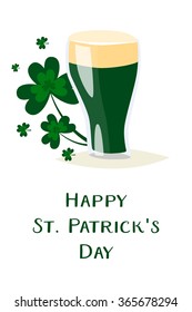 Saint Patricks day vector beer glass. 2016  St. Patricks day. 17 march. Stout dark beer. Clover and shamrock celtic leaves. Irish holiday. Good luck. White background isolated.