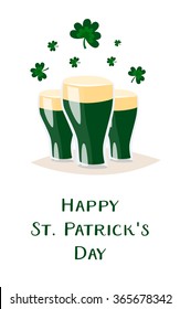 Saint Patricks day vector beer glass. 2016  St. Patricks day. 17 march. Stout dark beer. Clover and shamrock celtic leaves. Irish holiday. Good luck. White background isolated.