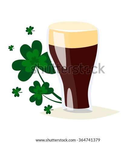Saint Patricks day vector beer glass. 2016  St. Patricks day. 17 march. Stout dark beer. Clover and shamrock celtic leaves. Irish holiday. Good luck. White background isolated.