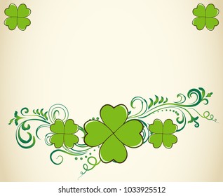 Saint Patrick's Day vector blank border with ornate swirls and green clover shamrock leaves. Irish festival celebration greeting card design background.