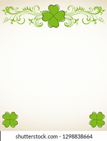 Saint Patrick's Day vector blank border with ornate swirls and green clover shamrock leaves. Irish festival celebration greeting card design background.