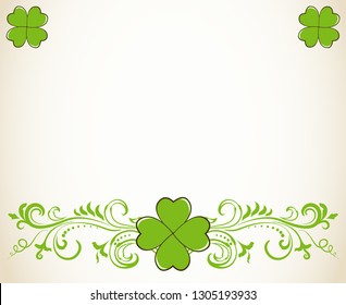 Saint Patrick's Day vector blank border with ornate swirls and green clover shamrock leaves. Irish festival celebration greeting card design background.