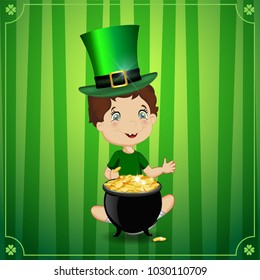 Saint Patricks day vector cartoon illustration with cute smiling boy in leprechaun cosume and hat cylinder sitting near the cauldron with golden coins on green striped background framed with clover.