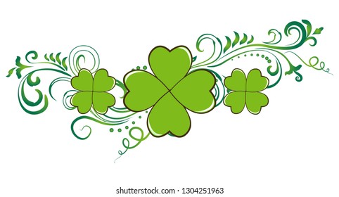 Saint Patrick's Day vector design element with ornate swirls and green clover shamrock leaves. Irish festival celebration greeting card backdrop.