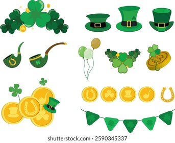 saint Patricks Day vector elements clipart collection set, leprechaun stuff, gold, clovers and shamrocks, festive objects. Saint Patrick Day March 17.