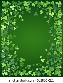 Saint Patrick's Day vector frame with small green trefoil clover shamrock leaves. Irish festival celebration greeting card design background. Nature floral spring backdrop.