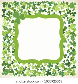 Saint Patrick's Day vector frame with small green trefoil clover shamrock leaves. Irish festival celebration greeting card design background. Nature floral spring backdrop.