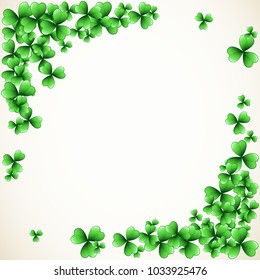 Saint Patrick's Day vector frame with green clover shamrock leaves. Irish festival celebration greeting card design background. Nature floral spring backdrop.