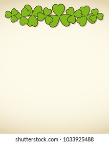 Saint Patrick's Day vector frame with green clover shamrock leaves over white. Irish festival celebration greeting card design background. Nature floral spring backdrop.