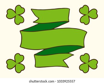 Saint Patrick's Day vector frame with vintage ribbon banner and green clover shamrock leaves. Irish festival celebration greeting card design background.