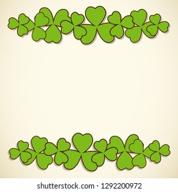 Saint Patrick's Day vector frame with green clover shamrock leaves over white. Irish festival celebration greeting card design background. Nature floral spring backdrop.