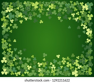 Saint Patrick's Day vector frame with small green trefoil clover shamrock leaves. Irish festival celebration greeting card design background. Nature floral spring backdrop.