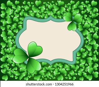 Saint Patrick's Day vector frame with green clover shamrock leaves. Irish festival celebration greeting card design background. Nature floral spring backdrop.