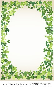 Saint Patrick's Day vector frame with small green trefoil clover shamrock leaves. Irish festival celebration greeting card design background. Nature floral spring backdrop.