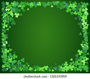 Saint Patrick's Day vector frame with small green trefoil clover shamrock leaves. Irish festival celebration greeting card design background. Nature floral spring backdrop.