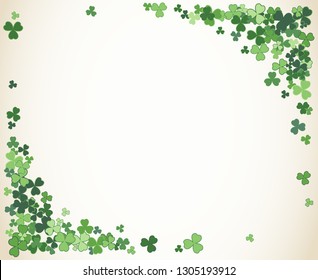 Saint Patrick's Day vector frame with small green trefoil clover shamrock leaves. Irish festival celebration greeting card design background. Nature floral spring backdrop.