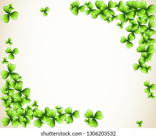 Saint Patrick's Day vector frame with green clover shamrock leaves. Irish festival celebration greeting card design background. Nature floral spring backdrop.