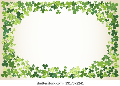 Saint Patrick's Day vector frame with small green trefoil clover shamrock leaves. Irish festival celebration greeting card design background. Nature floral spring backdrop.