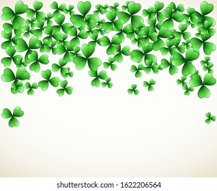 Saint Patrick's Day vector frame with green clover shamrock leaves. Irish festival celebration greeting card design background. Nature floral spring backdrop.