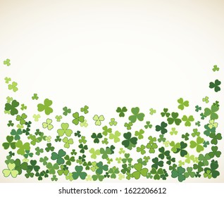 Saint Patrick's Day vector frame with small green trefoil clover shamrock leaves. Irish festival celebration greeting card design background. Nature floral spring backdrop.