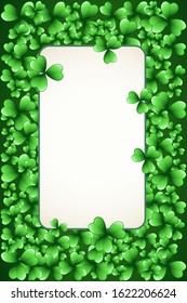 Saint Patrick's Day vector frame with green clover shamrock leaves. Irish festival celebration greeting card design background. Nature floral spring backdrop.