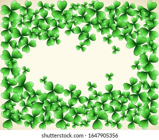 Saint Patrick's Day vector frame with green clover shamrock leaves. Irish festival celebration greeting card design background. Nature floral spring backdrop.