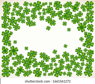 Saint Patrick's Day vector frame with small green trefoil clover shamrock leaves. Irish festival celebration greeting card design background. Nature floral spring backdrop.