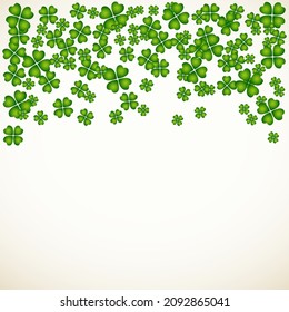 Saint Patrick's Day vector frame with small green trefoil clover shamrock leaves. Irish festival celebration greeting card design background. Nature floral spring backdrop.