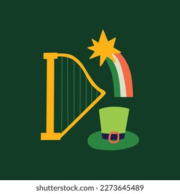 Saint Patrick's Day vector green illustration concept harp, rainbow, hat leprechaun. Flat clipart for print design