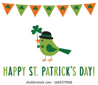 Tarjeta de saludo vectorial del Día de San Patricio con un pájaro en sombrero leprechaun