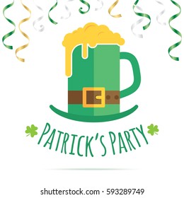 Saint Patrick's day vector greeting card design. St. Patrick's green heat mixed with beer mug. Creative greeting card template.