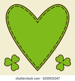 Saint Patrick's Day vector heart shaped frame with green clover shamrock leaves. Irish festival celebration greeting card design background. I love Ireland.