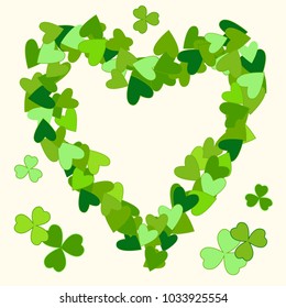 Saint Patrick's Day vector heart shaped frame with green clover shamrock leaves. Irish festival celebration greeting card design background. I love Ireland.