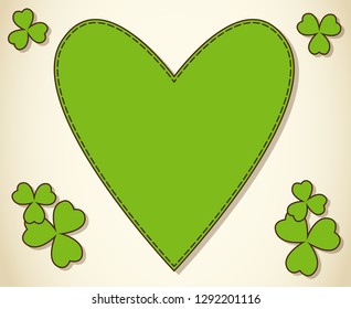 Saint Patrick's Day vector heart shaped frame with green clover shamrock leaves. Irish festival celebration greeting card design background. I love Ireland.