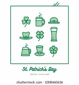 Saint Patricks day vector icons set. Green line art flat icons for logo, sign, buttons. Minimalist st. Patricks day menu, flyer, poster. Isolated clover leaf, beer glass, leprechaun hat