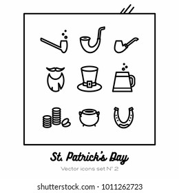Saint Patricks day vector icons set. Black white line art flat icons for logo, sign, buttons. Minimalist st. Patricks day menu, flyer, poster. Isolated coins, beer glass, leprechaun hat, smoking pipe