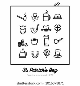 Saint Patricks Day Vector Icons Set. Black White Line Art Flat Icons For Logo, Sign, Buttons. Minimalist St. Patricks Day Menu, Flyer, Poster. Isolated Clover, Beer Glass, Leprechaun Hat, Smoking Pipe
