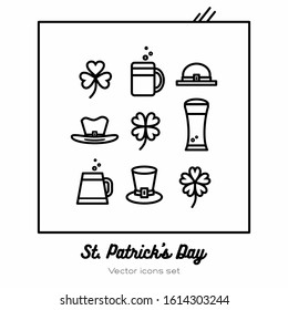 Saint Patricks day vector icons set. Black white line art flat icons for logo, sign, buttons. Minimalist st. Patricks day menu, flyer, poster. Isolated clover leaf, beer glass, leprechaun hat