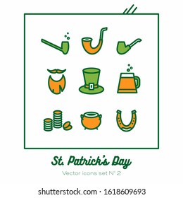 Saint Patricks day vector icons set. Green orange line art flat icons for logo, sign, buttons. Minimalist st Patricks day menu, flyer, poster. Isolated clover, beer glass, leprechaun hat, smoking pipe