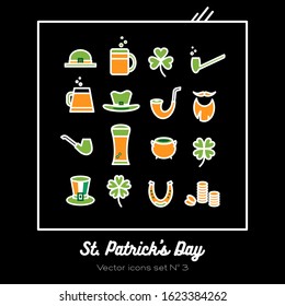 Saint Patricks day vector icons set. Green orange line art flat icons for logo, sign, buttons. Minimalist st Patricks day menu, flyer, poster. Isolated clover, beer glass, leprechaun hat, smoking pipe