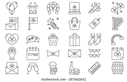 Saint Patricks day vector icons set. black outline flat icons for logo, sign, buttons. Minimalist st. Patricks day menu, flyer, price tag, poster. clover, beer glass, leprechaun hat.