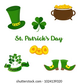 Saint Patricks Day Vector Illustration. With elements like Treasure of Leprechaun, Pot Full of Golden Coins, Green Hat, shoes and Shamrock. Can be used for icons, symbols, objects, logo and background