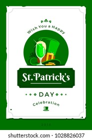 Saint Patrick's day vector illustration with traditional symbols. St. Patrick's day colorful greeting card. Celebration poster with irish elements.