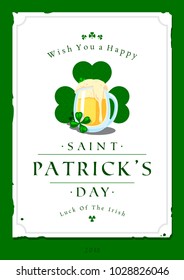 Saint Patrick's day vector illustration with traditional symbols. St. Patrick's day colorful greeting card. Celebration poster with irish elements.