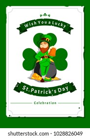 Saint Patrick's day vector illustration with traditional symbols. St. Patrick's day colorful greeting card. Celebration poster with irish elements.