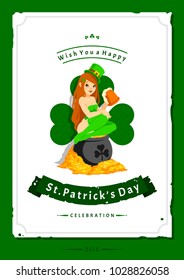 Saint Patrick's day vector illustration with traditional symbols. St. Patrick's day colorful greeting card. Celebration poster with irish elements.