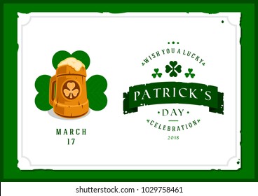 Saint Patrick's day vector illustration with traditional symbols. St. Patrick's day colorful greeting card. Celebration poster with irish elements.