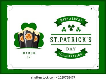 Saint Patrick's day vector illustration with traditional symbols. St. Patrick's day colorful greeting card. Celebration poster with irish elements.